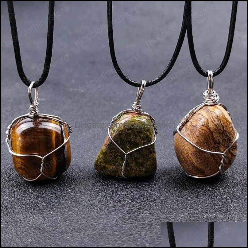 Irregular Natural Tumbled Stones Pendant Alloy wire Winding Jasper Tiger Eye Labradorite Healing Crystal Gem DIY Necklace