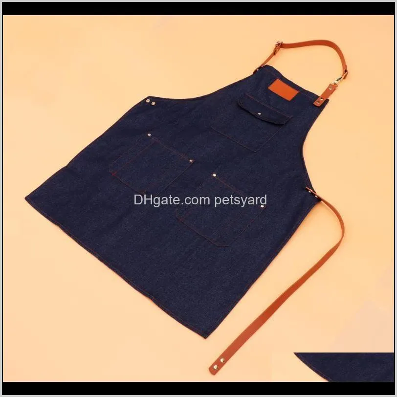 1pc delicate denim apron nordic style retro thickened barista work clothes accessories (denim blue) aprons