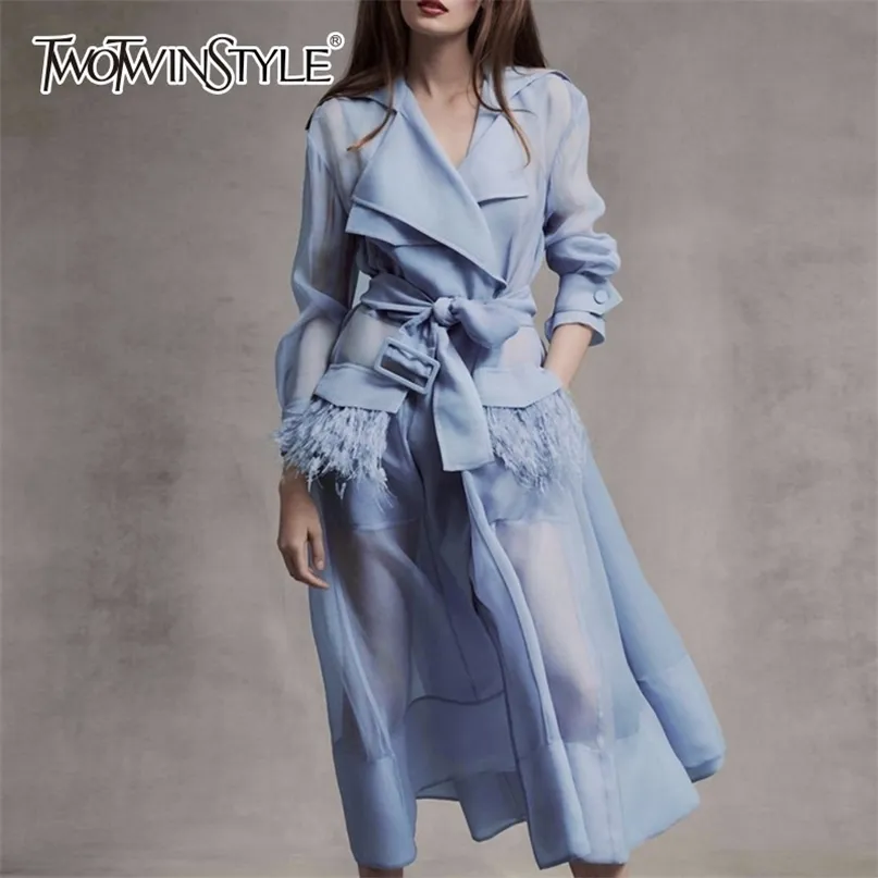 Voile Lace up Windbreaker Dress Women Long Sleeve Feather Pockets Sexy Party Dresses Female Elegant Clothes 210520