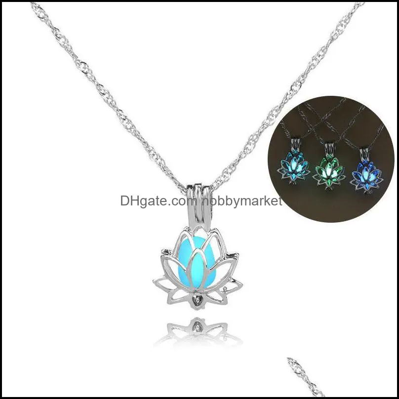 Hängsmycke Halsband Hängsmycken Smycken Glöd i Dark Lotus Blomma För Kvinnor Hollow Open Lysous Pärlor Burar Locket Kedjor Fashion Gift Dro