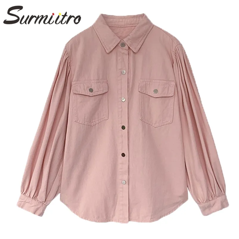 Denim Camisa Mulheres Primavera Outono Manga Longa Estilo Coreano Blusa Feminino Chemisiers Chemises Rosa 210421