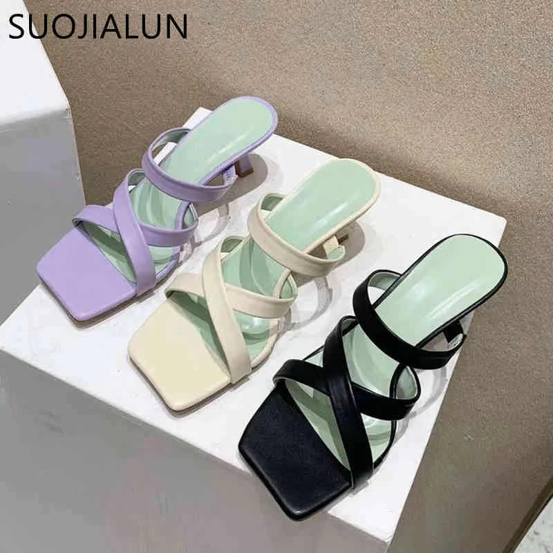 Suojialun 2021夏の新しい女性のスリッパ薄いローヒールの女性サンダルの靴エレガントな狭いバンドの女性外側スライドフリップフロップC0407