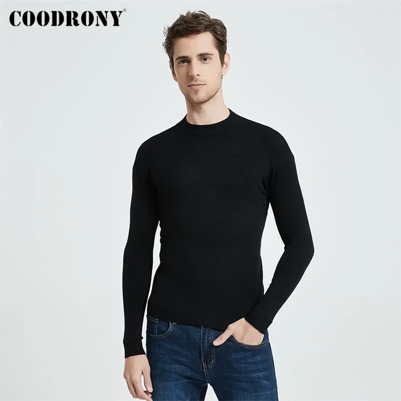 Coodrony höst vinter klassisk avslappnad ren färg mjuk varm stickad bomull ull Turtleneck tröja pullover män kläder c1162 210818