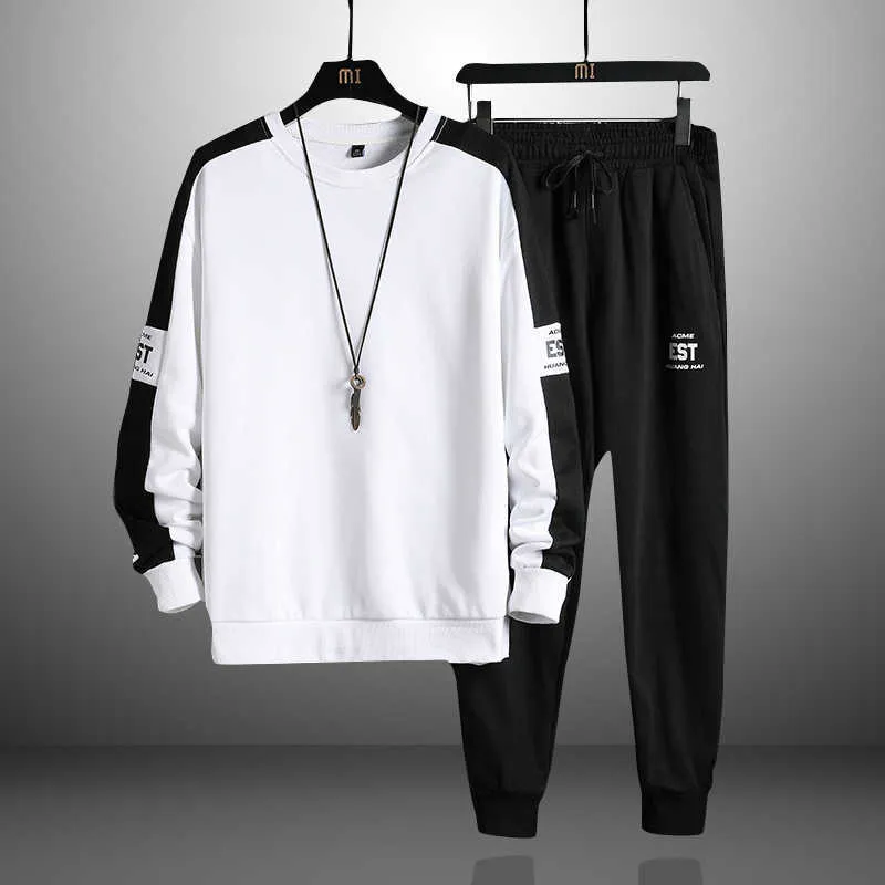 Märke Mens Tracksuits O-Neck Höst Vinter Sportkläder kostym + Casual 2 Piece Sportpants Trendy Patchwork Solid Pullover Man 210603