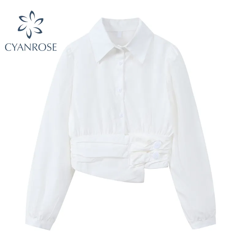 Cardigan White Crop Blouse Women Long Sleeve Irregular Buttons Fashion Female Shirts Elegant Summer Korean Streetwear Tops 210417