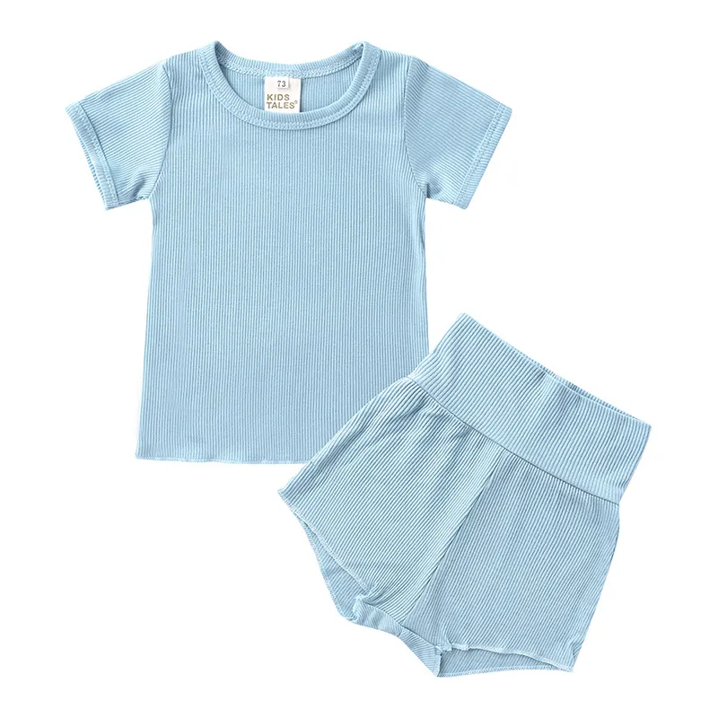 Baby Summer Clothing Sets Pasgeboren Kids Boy Girl Kleed Cotton Tops + Shorts Solid 2pcs Ribbed Outfits Set