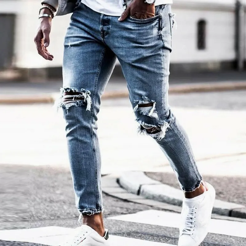 Skinny uomo Streetwear Jeans strappati distrutti Homme Hip Hop Rotto modis pantaloni da motociclista con ricamo a matita maschile