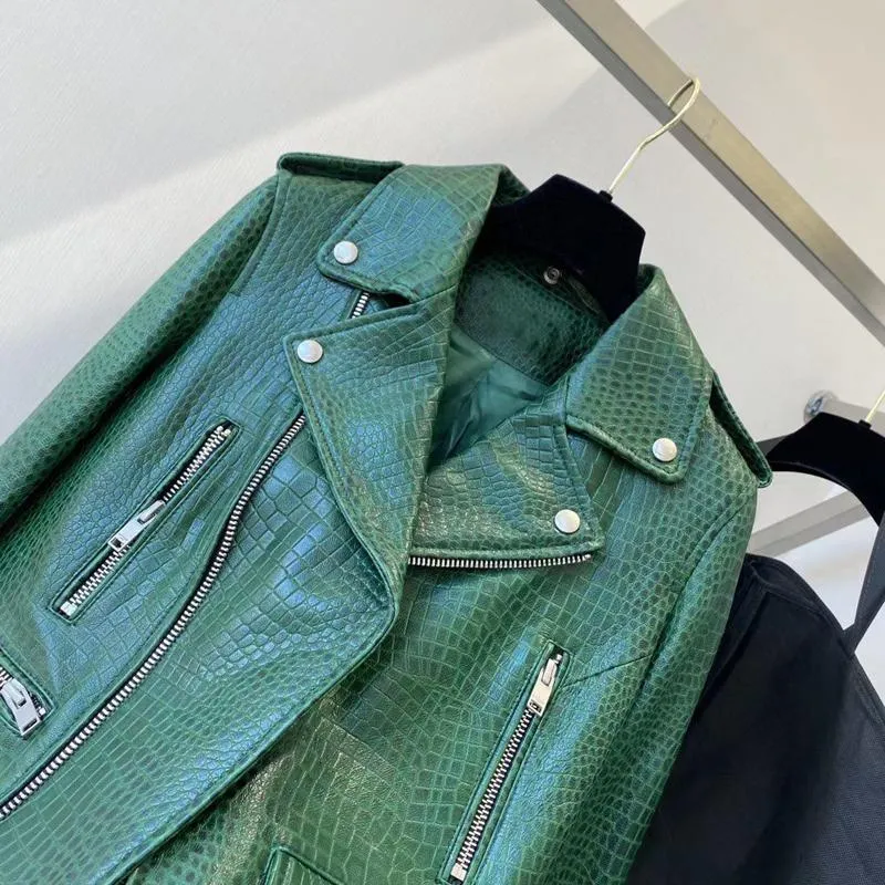Green Crocodile Texture Leather & Faux Short Length Green