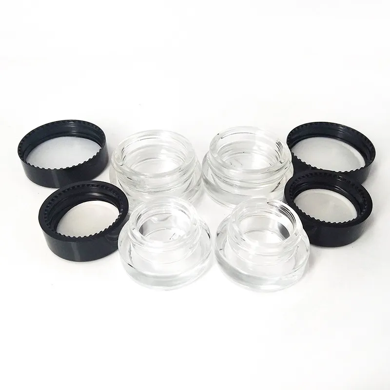 Samples Tank Glass Box Jar 3ml 5ml Black Lid container OEM case clear dab tool for vape wax Cream oil collection Cosmetic sample jars