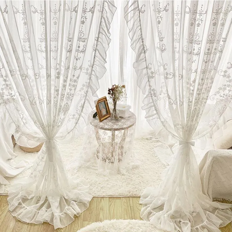 Gordijngordijn Europese Franse witte borduurwerk Tule Princess Sheer Curtains met kant romantische voile voor woonkamer slaapkamer gazecurtai