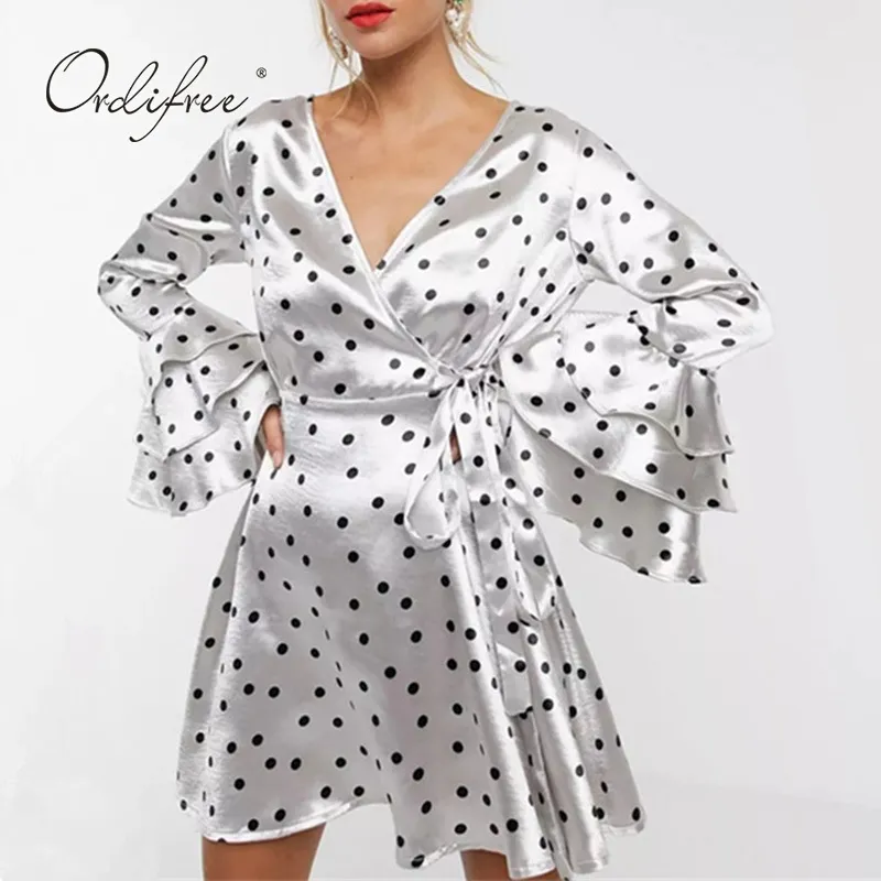 Summer Women Satin Mini Dress Long Sleeve Polka Dot Vintage Silk White Party Dres 210415 Summer Women Satin Mini Dress Long Sleeve Polka Dot Vintage Silk White Party Dres 210415