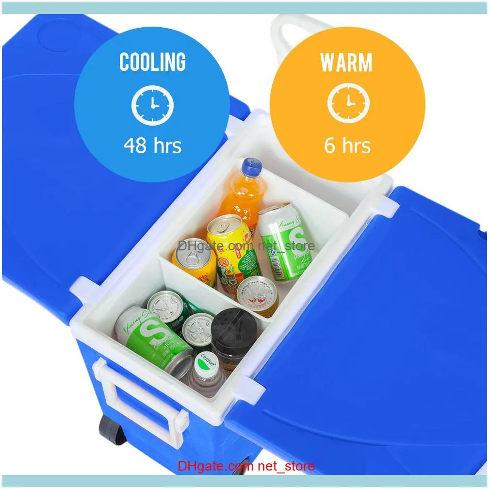 Multi-Function Ice Packs Insulated Beverage Rolling Cooler Warm, Picnic Camping Outdoor Table & 2 Portable Foldable Camping Fishing Chair