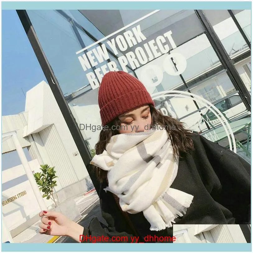 Scarves Korean White Plaid Scarf Women Winter Imitation Cashmere Scarfs For Ladies Oversized Knitted Shawl And Wraps MY20621