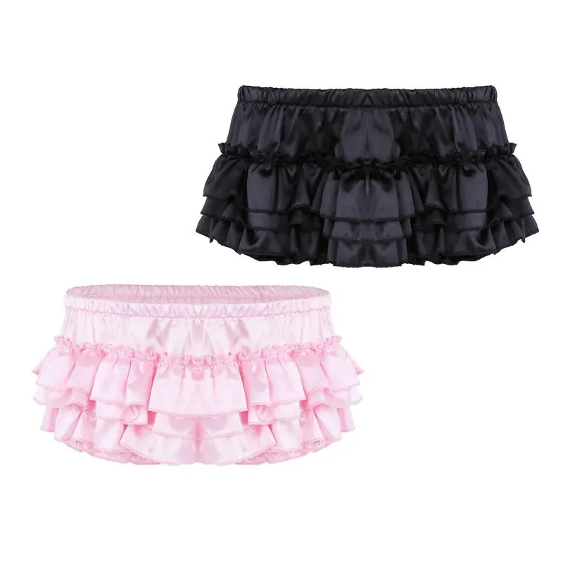 Caleçons Hommes Volants À Volants Dentelle Garniture Bloomer Sissy Sous-Vêtements Doux Brillant Satin Lingerie Culotte Ceinture Élastique Jupe