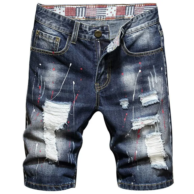 Jeans Masculinos 2021 Verão Marca de Verão Tendência Moda Reta Denim Shorts Bolsos Clássicos Bolos Rasgados Print Pintura Juvenil Algodão