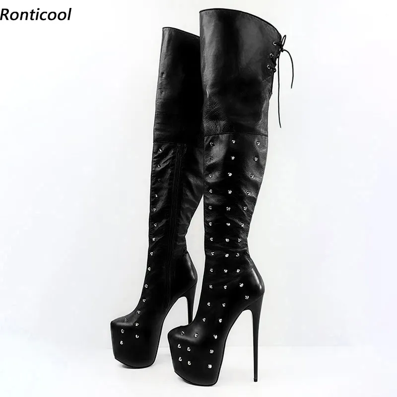 Rontic handgefertigte Damen Winter-Oberschenkelstiefel, sexy Nieten, seitlicher Reißverschluss, Stiletto-Absätze, runde Zehen, schwarze Nachtclub-Schuhe, US-Größe 5–20