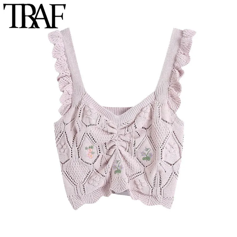 Traf Women Fashion Fashion Floral Hafdery Cropleed Dzianinowe topy zbiornikowe Vintage szerokie paski z marszczeniem Kobieta Camis Mujer 210415