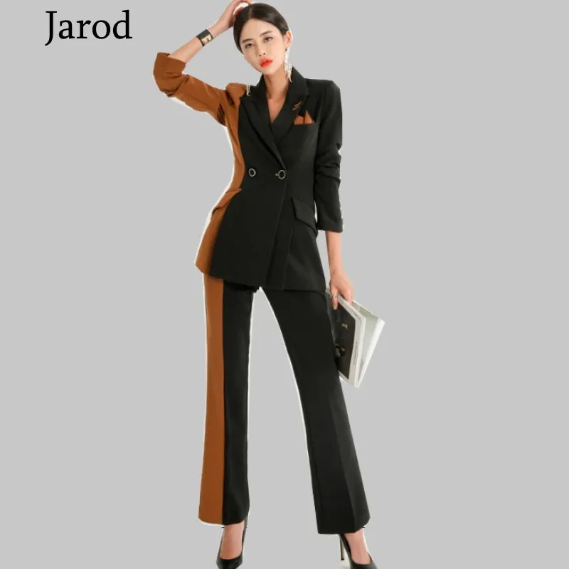 Office Lady travail pantalons costumes femmes Slim Hit couleur à manches longues à double boutonnage Blazer manteau + OL pantalon élégant deux pièces ensemble 210518