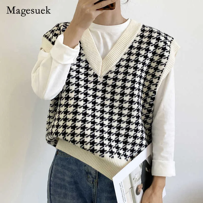 Mulheres Houndstooth solta de malha colete suéter v pescoço sem mangas espessas camisola casual ternos femininos cintura chique tops 17502 211008