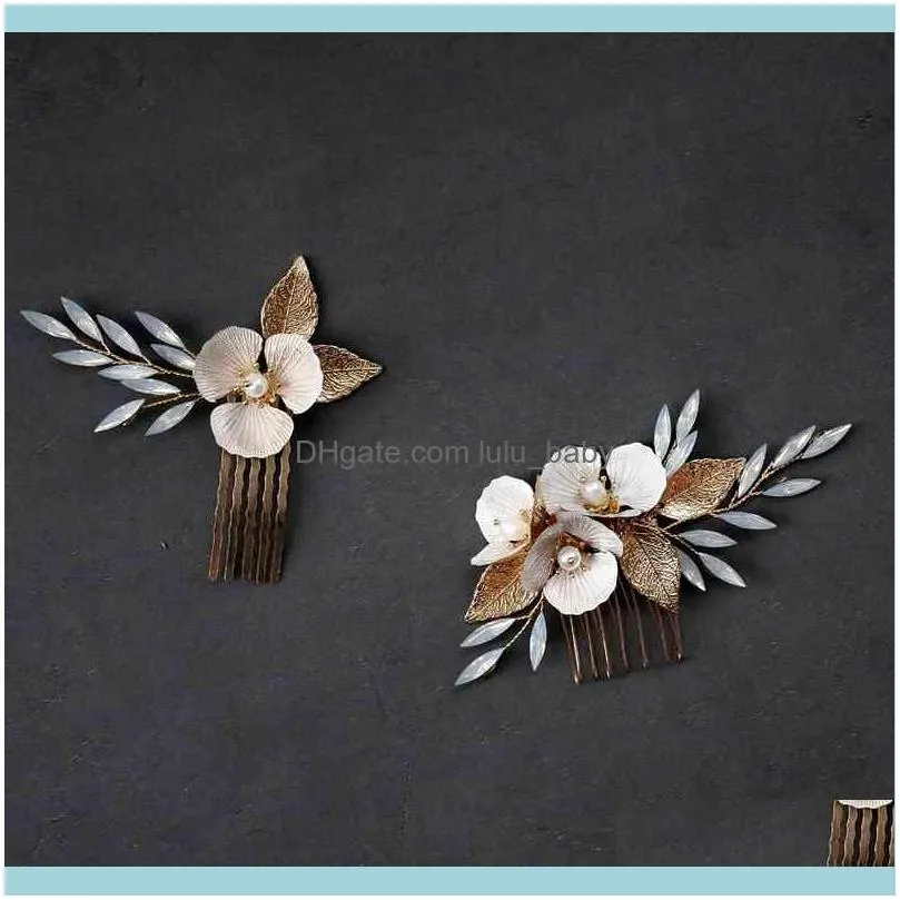 Opal Pearl Headpieces Flower Leaf Hair Combs Pins Gold Bridesmaids Brides Hairpins Headdress Wedding Accessories Bridal Jewelry