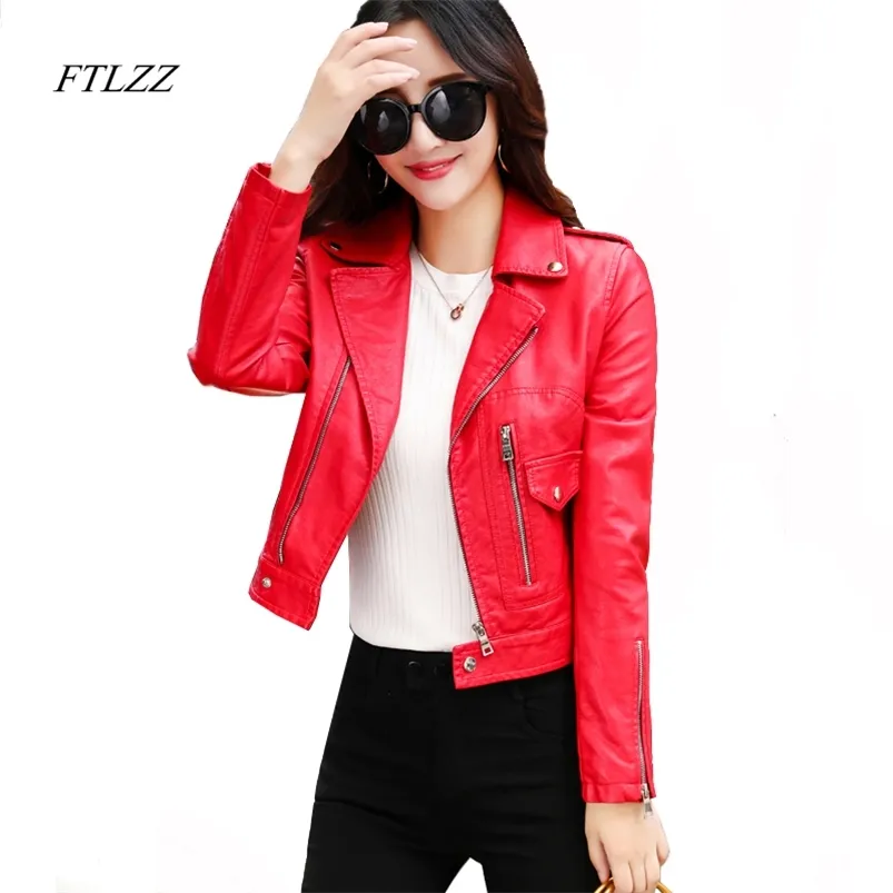 Chaqueta de cuero de imitación roja para mujer, abrigos Punk de motociclista de diseño corto de manga larga ajustados a la moda 210430