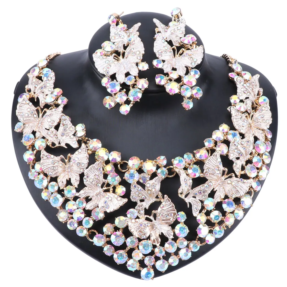 Fashion Crystal Butterfly Necklace Earring Jewelry Sets For Women Brides Bridal Wedding Party Costume Jewellery