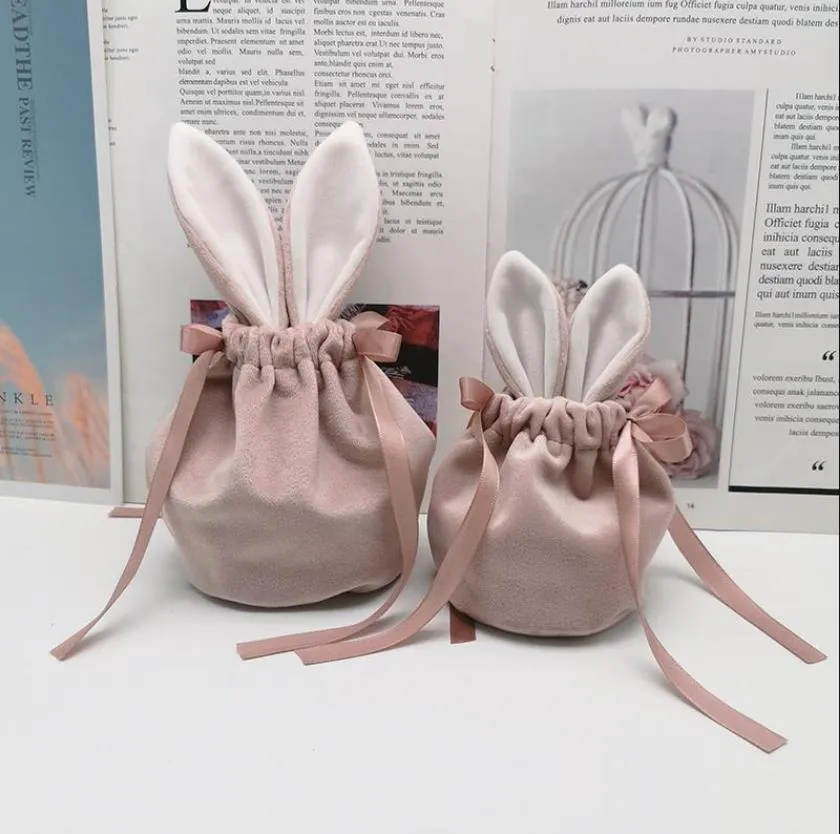 Cute Velvet Jewelry Gift Bags With Bunny Ear Jewellery Cosmetic Storage Crafts Packaging Pouches