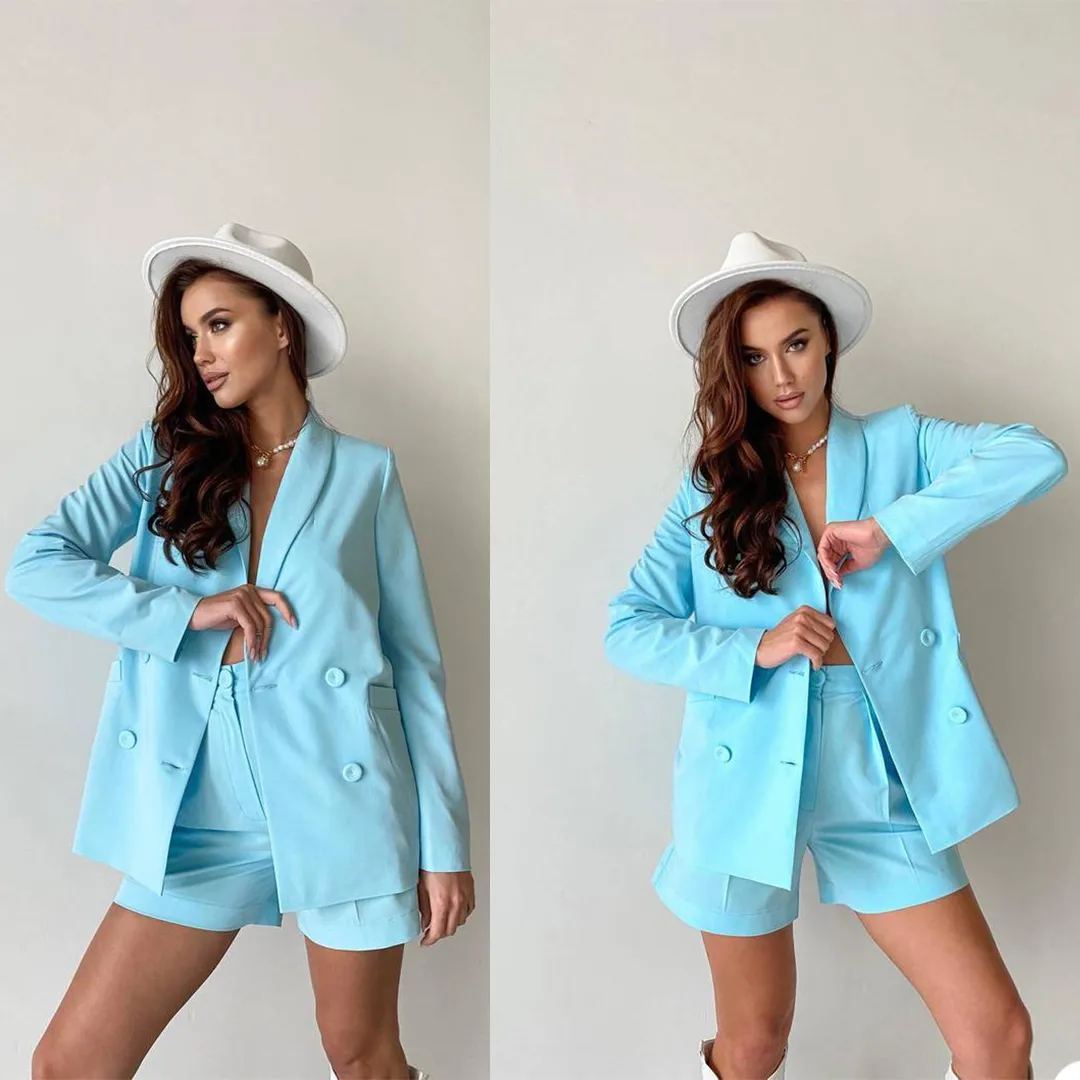 Céu de Verão Azul Mulheres Calças Ternos Slim Fit Dupla Breasted Blazer Fato Feminino Prom Party Wedding Wooding Wear Outfit (jaqueta + calça)