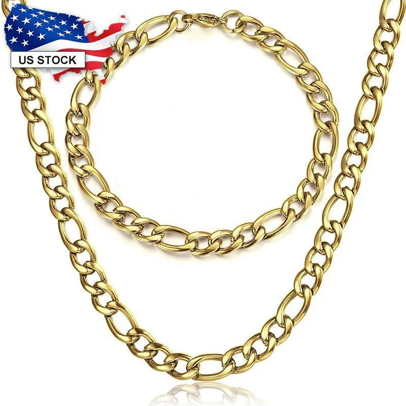 Brincos Colar Pulseira Conjunto para Homens Mulheres 5/7 / 9mm Ouro Prata Cor Aço Inoxidável Figaro Link Cadeia Jóias Conjuntos Atacado LKS258