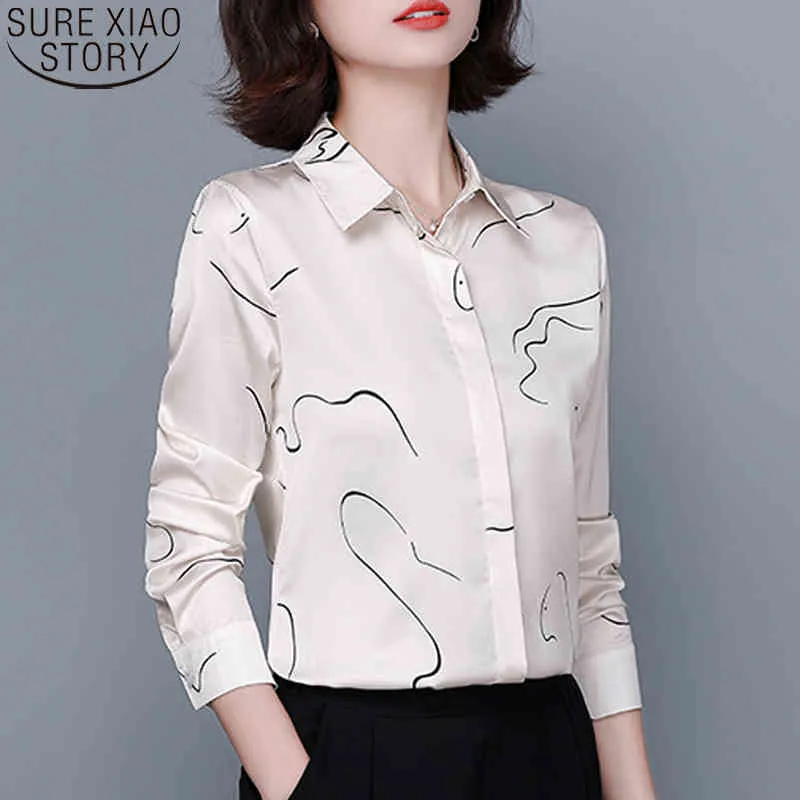 Silk Satin Beige POLO Shirts Tops Office Lady Striped Blouses Women Autumn Long Sleeve Plus Size 4XL Cardigan Blusas 10459 210417