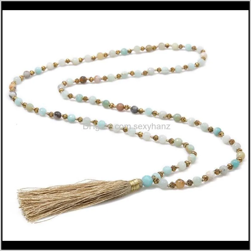 6mm faceted natural stone lantern bead separated beads knotted beaded necklace meditation yoga pendant tassel blessing