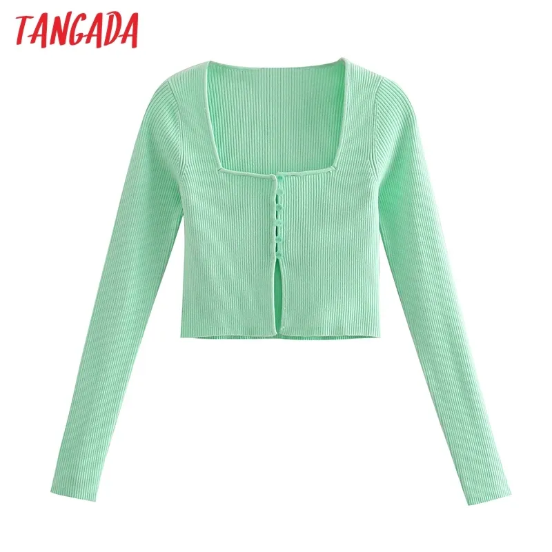 Mulheres sexy sólido colhido de malha cardigan suéter vintage colarinho quadrado manga comprida feminino chique tops be480 210416