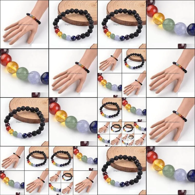 Pcs Valentine`s Day Present Chakra Natural Lava Beaded Stretch Bracelets, With Crystal Beads, 55mm Beaded, Strands