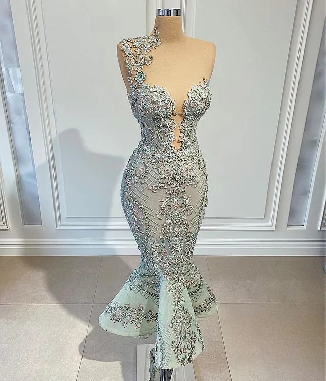 Plus size Arabische Aso Ebi Luxe Mermaid Lace Prom Jurken Gereed Sheer Neck Evening Formele feest Tweede receptie Tjurken ZJ253