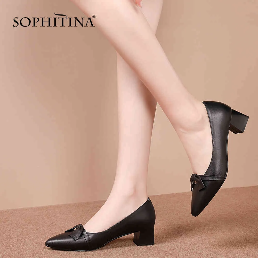 SOPHITINA décontracté en cuir véritable talon carré dames pompes mode papillon noeud chaussures Sexy bout pointu basique femmes pompes SO214 210513