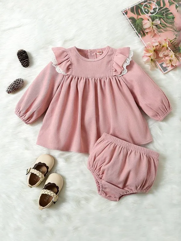 Bebê ilhó bordado plissando guarnição corduroy babydoll blouse shorts ela