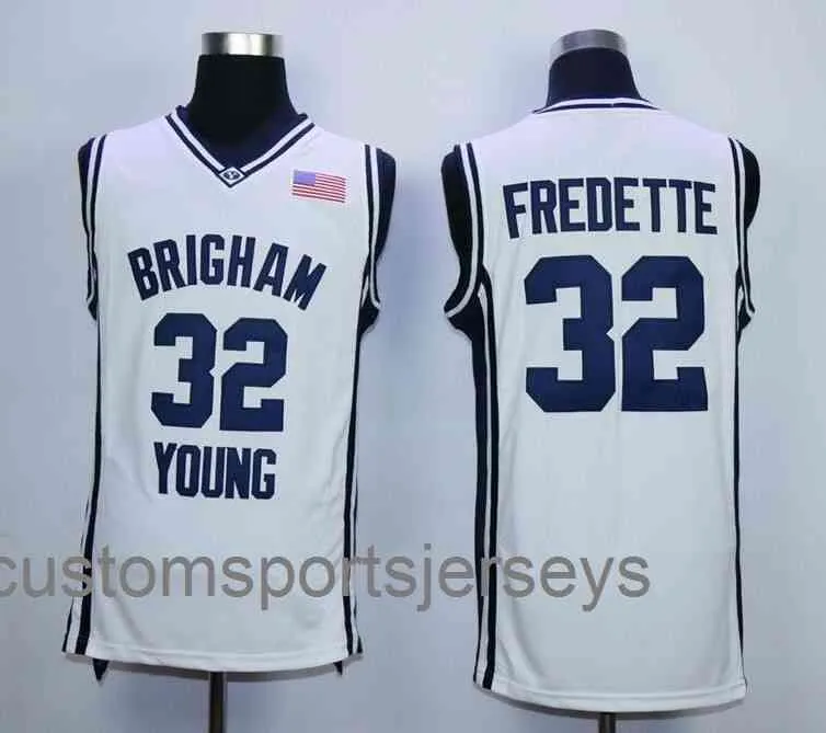 bleu marine blanc # 32 Jimmer Fredette Brigham Young Basketball Jersey Broderie Points S-XXL