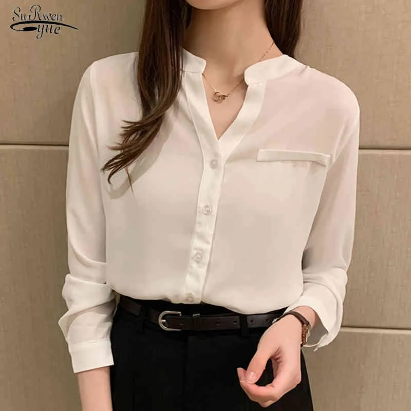 Korean Plus Size Chiffon Shirt Women Autumn Office Lady Long-Sleeve Blouse White Blue Cardigan Ladies Tops 10506 210508
