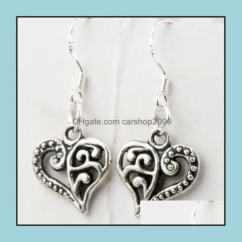 2018 Half Flower Heart Earrings 925 Silver Fish Ear Hook 40pairs/lot Tibetan Silver Chandelier 13.2x31.5mm