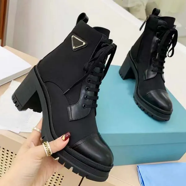 Women Luxury Middle heel Martin boots Winter Thick bottom Desert Boot real leather Splicing waterproof canvas shoes size 35-41 With box