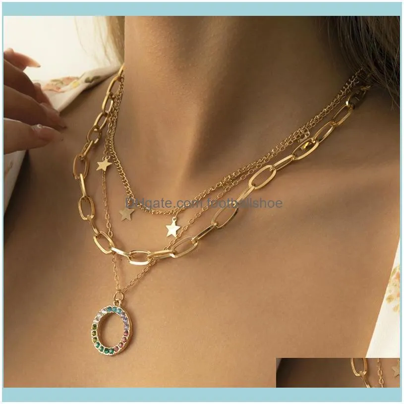 Female Jewellry Neck Accessory Trendy Multi-layered Geometry Designed Star Colorful Rhinestone Ring Pendant Necklaces Chains