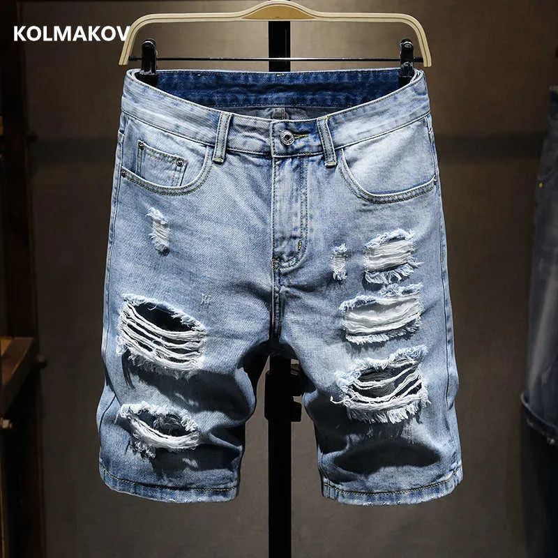 Sommar män denim shorts högkvalitativa män jeans shorts bomull rak manlig blå avslappnad kort jeans mens storlek 27-36 210714