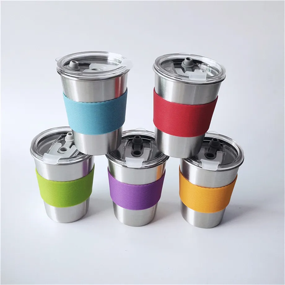 12 once 17 once 20 once Bicchiere da caffè a parete singola con custodia in silicone e coperchio in cannuccia PP Bicchiere da birra Bicchiere per bambini Acciaio inossidabile 304 350 ml / 500 ml / 600 ml Senza BPA