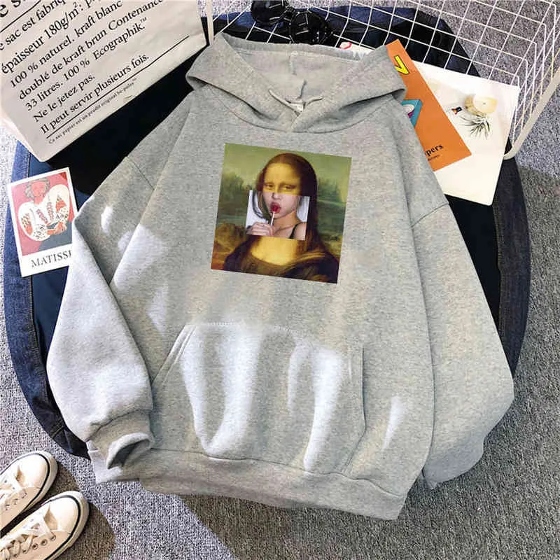 2021 Soft Brand Sportwear Mona Lisa Funny Lollipop Lips Printing Male Sweatshirt Thermal Vintage Men Hoodie Oversized Hoodies H1218