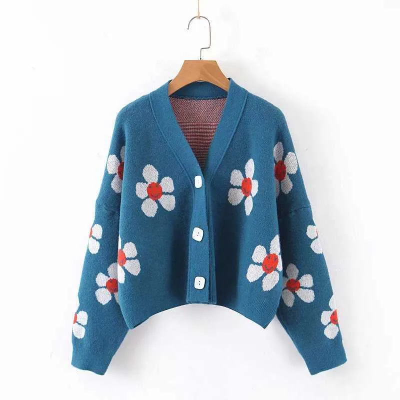 Women's Floral Print Cardigan Sweater - V-Neck Long Sleeve Knit Button Front, Blue Green One Size - View #4