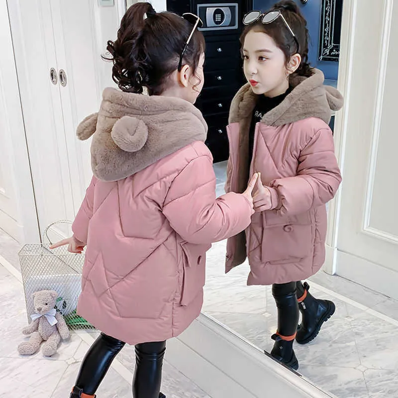 Girls 'Bawełna Płaszcz Wyściełana Kurtka Nowe Kapturz Z Kapturem Duży Kids Plus Polar Outwear Długa Ciepła Dziewczyna Snow Coat TZ792 H0909