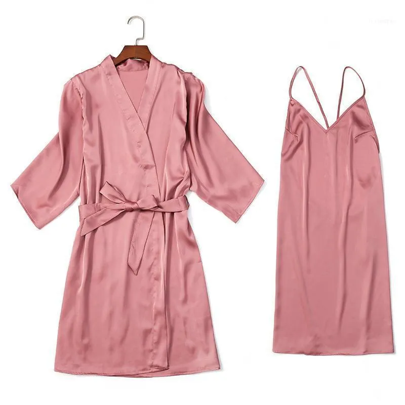 Kvinnor 2st Kimono Robe Gown kostym Sexig V-Neck Backless Nightdress Höst Solid Nightgown Rayon Night Klänning med Belt Bathrobe1