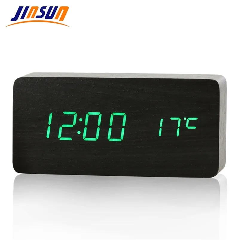 JINSUN LED réveil heure/date/température numérique bambou bois voix Table horloges affichage bureau 210804