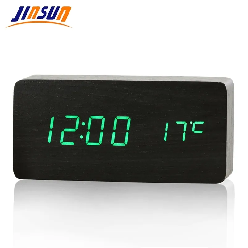 Bamboo Wood LED Alarm Clock JINSUN Digital Table Clock With Voice, Time