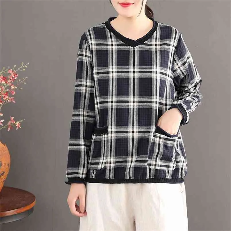 Moda de otoño mujeres de manga larga de doble bolsillo de bolsillo V-cuello en V 100% algodón a cuadros casual camiseta femme tops M311 210512